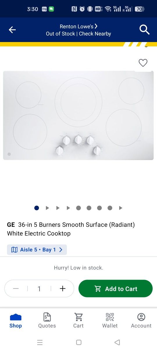 GE profile 36inch cooktop in white