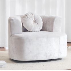 Oversized Beige Swivel Accent Chair – Curved Back Round Chair w/ Pillow