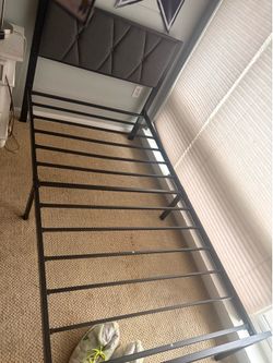 Twin Metal Bed Frame with Grey Upholstered Headboard