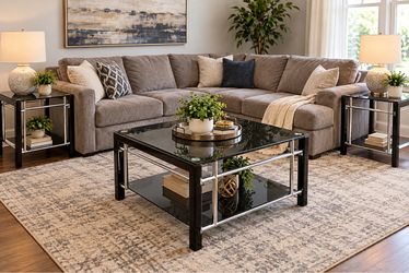 Metal w/ thick glass top & shelf: 2 end tables and 1 coffee table
