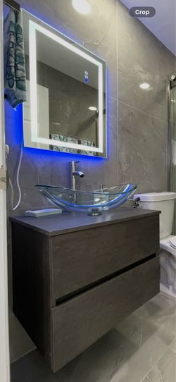Modern Floating Bathroom Vanity + Glass Vessel Sink (Brand New)