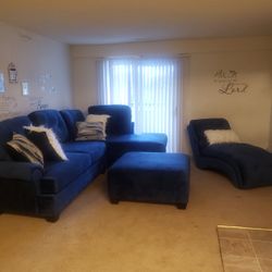 Blue Velvet Sectional Sofa with Chaise & Ottoman