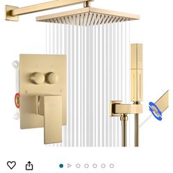 Shower System Brushed Gold Wall Mount Shower Faucet Set, Push Button Diverter Shower Fixtures with 2 in 1 Handheld,10 Inch Shower Head