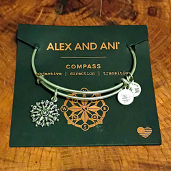 Alex and Ani Compass Dangle Charm Wire Bangle Bracelet Adjustable Silver Tone