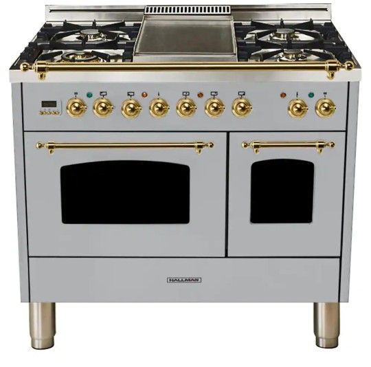 Hallman
40 in. 4.0 cu. ft. Double Oven Dual Fuel Italian Range True Convection, 5 Burners, Griddle, Brass Trim/Stainless Steel