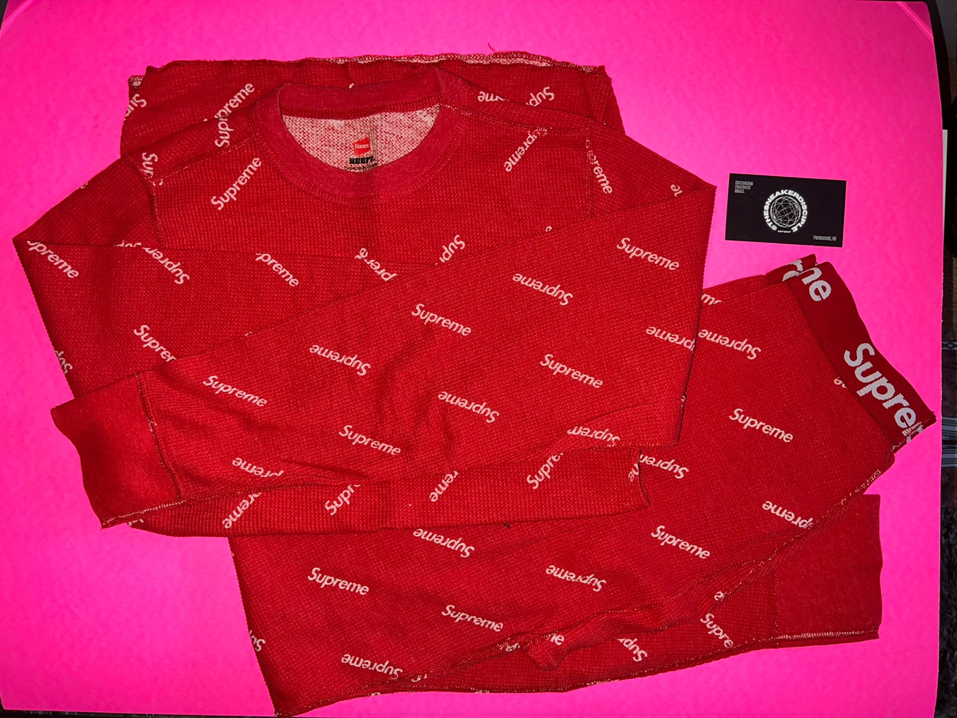 Used SET RARE SMALL S Supreme Hanes Thermal Crewneck Shirt AND Pants RED