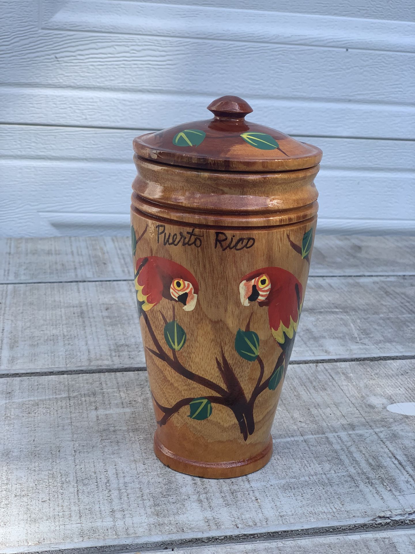 Vtg Hand-Painted Puerto Rico Wooden Parrot Canister Jar Folk Art Souvenir 8.5”