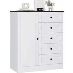 5 Drawer Chest with Door, White Storage Cabinet with Drawers and Shelves, Modern Closet Organizers for Bedroom, Living Room, Kitchen, Hallway, White/B