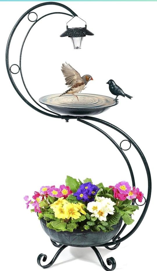 Bird Baths for Outdoors Solar Lamp, 35.5" Height Metal Bird Bath, Weather Resistant, Vintage Decorative Birdbaths, Flower Planter Pedestal, Fountain S