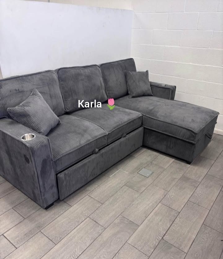 2-pc Sectional Sofa Sleeper Couch, Pullout Bed, Storage & USB Port Brand New