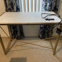Computer Laptop, Desk Or Study Table For Any Spaces You Desire. White Marble With Metal Gold Legs. 