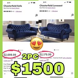 Beautiful New 2PC Blue Velvet Chesterfield Sofa Set(1 Sofa, 1 Loveseat) Only $1,500!!! Original Price $4,880!!!