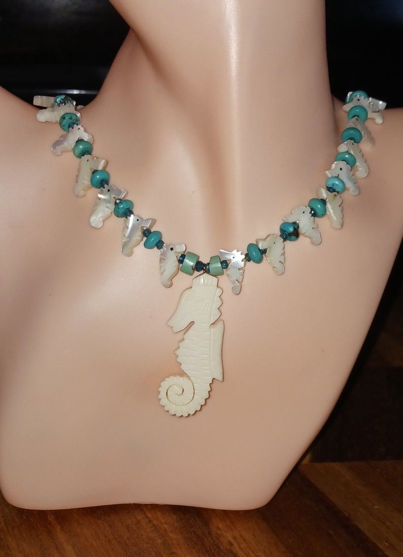 Vintage Bone Seahorse, Apatite, Turquoise, Mop Seahorses, Necklace And Earrings Set