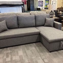 Grey Sectional Sofa With Pullout Bed & Storage