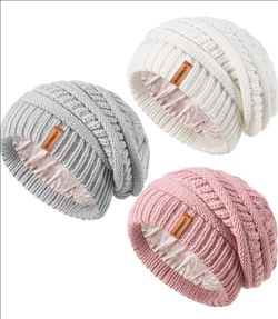 3 Pack Satin Lined Winter Beanie Hats,Silk Lined Soft Cable Knit Chunky Slouchy Beanie for Women Men
Head Size 22-24 inches