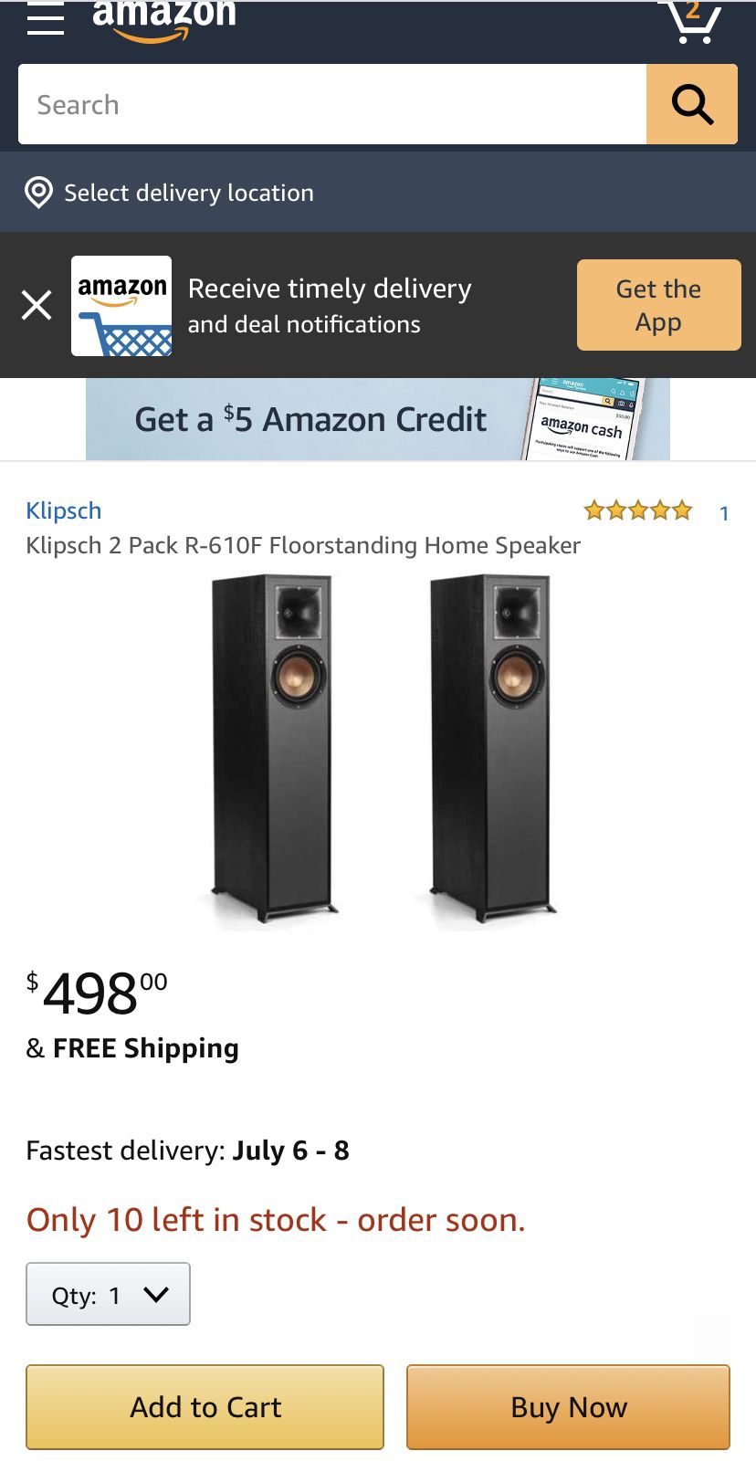 Klipsch 2 Pack R-610F Floorstanding Home Speaker - Brand new in box