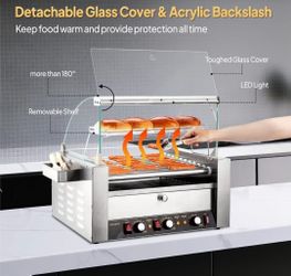 Hot Dog Roller, 30 Hot Dog 11 Rollers ETL Certified, Hot Dog Machine with Bun Warmer, Dual Temp Control, Glass Cover, LED, Side Storage Box, Shelf & D