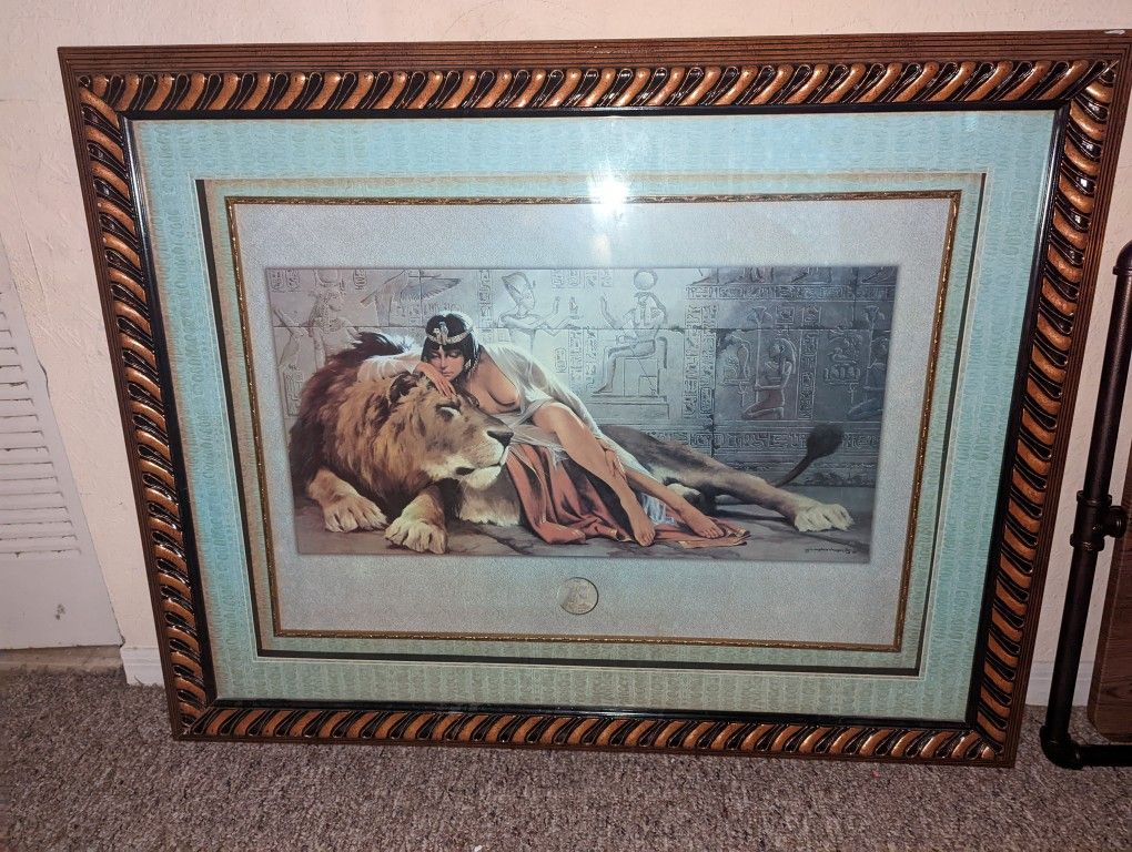 VINTAGE (C.1995) MAHER MORCOS LARGE FRAMED PRINT OF CLEAOPATRA & THE LION.