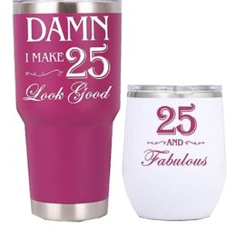 25th Birthday Gifts for Women Set of 2 SS Tumbler Cups / Mugs