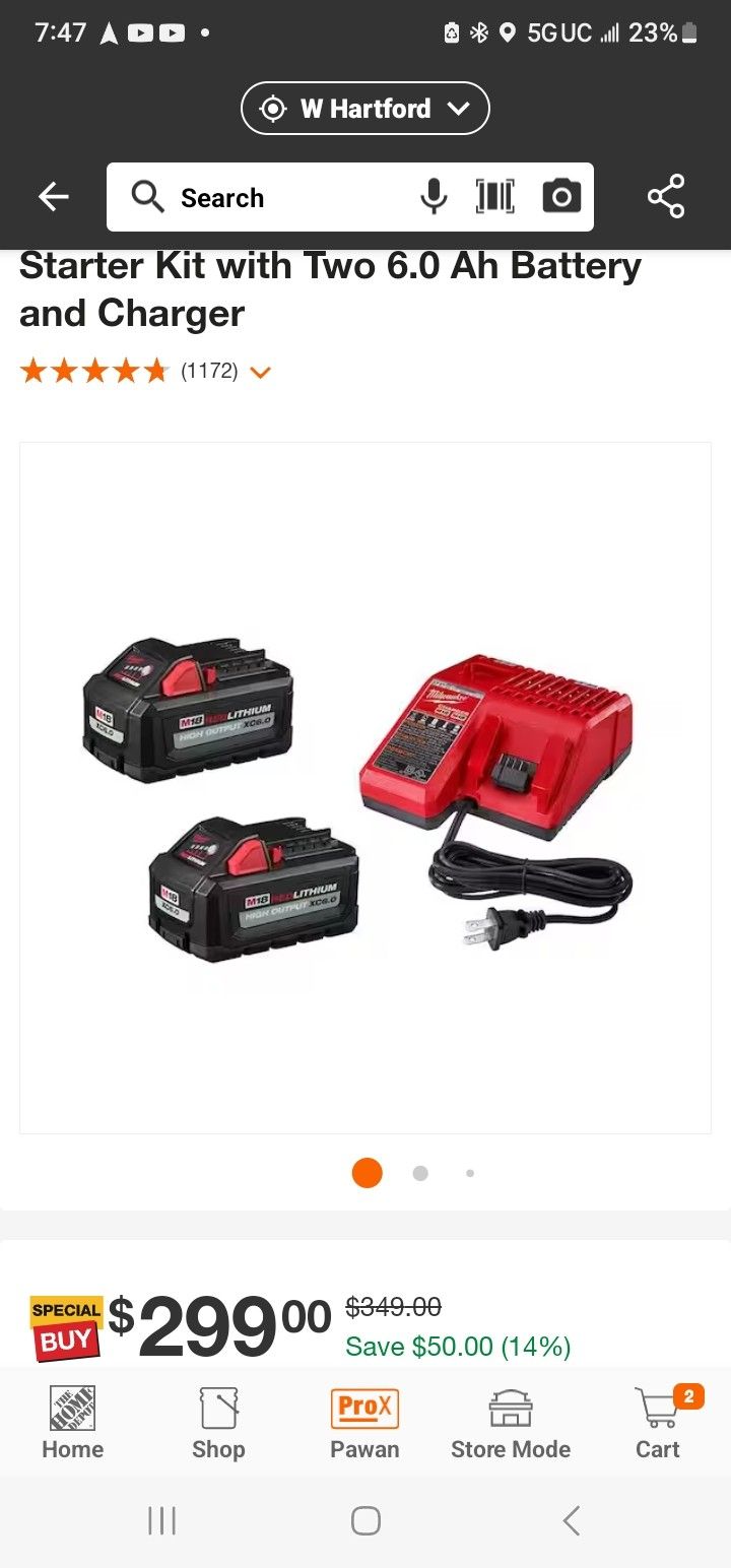 Milwaukee
M18 18-Volt Lithium-Ion High Output Starter Kit with Two 6.0 Ah Battery and Charger
, New In Package. Firm