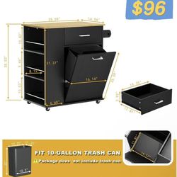 ✌️Rolling Kitchen Island with Trash Can Storage, Portable Kitchen Island on Wheels with Towel Rack & Spice Rack, Tilt Out Trash Can Cabinet