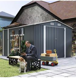 9×11 FT Outdoor Storage Shed: 3 Lockable Door Metal Utility Shed with Galvanized Steel Frame & 4 Ventilation System - Spacious Garden Tool Storage fo