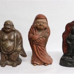 3 Vintage Japanese Earthenware Deity Sculptures 