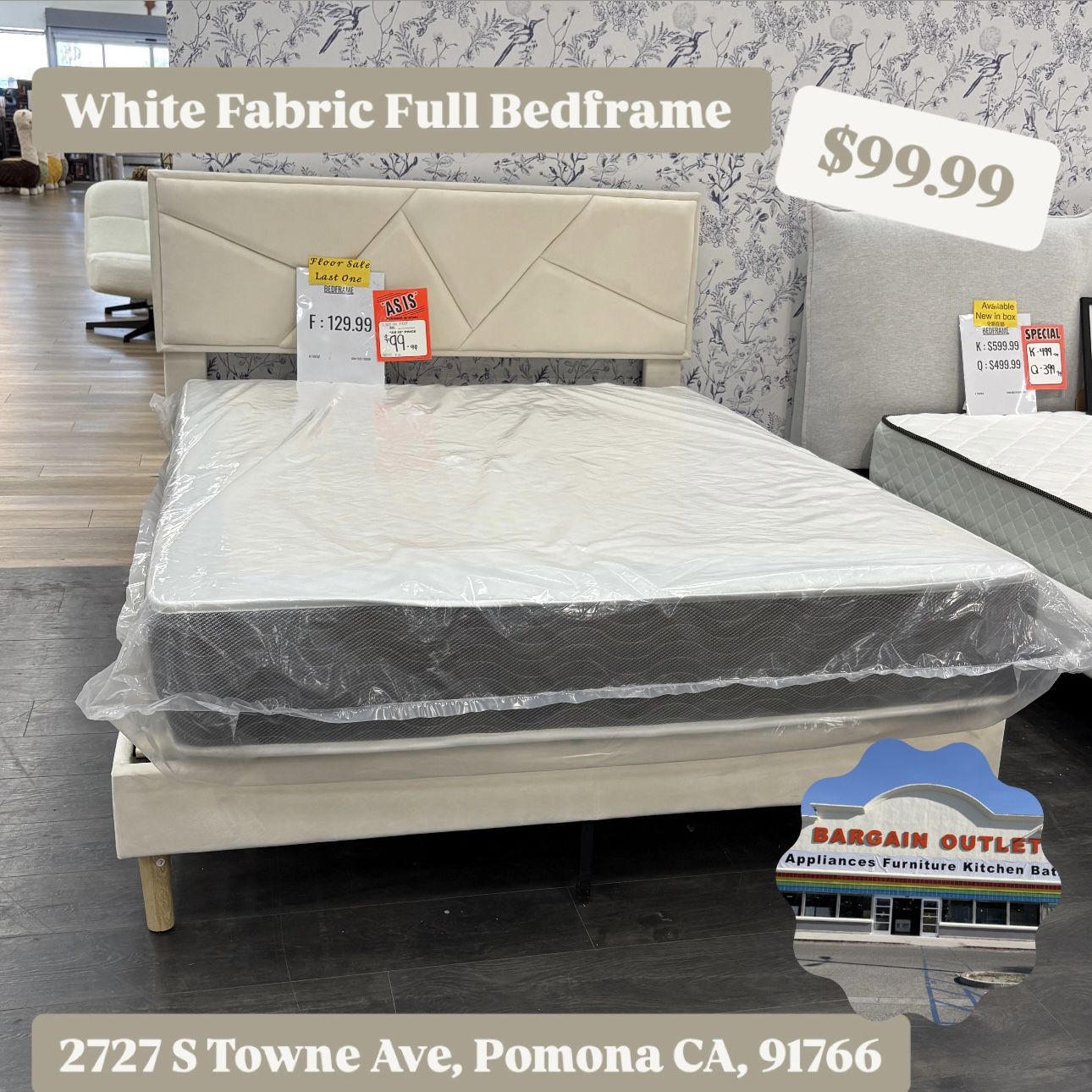 White Full Size Bed Frame – Square Headboard Display Model $99.99