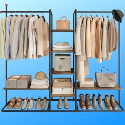 Heavy-Duty Clothes Rack with Shoe Shelf, 6 Storage Shelves, 2 Hanging Rails for Closet Wardrobe