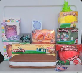 Squeeezy Butter, Strawberry, Dice. Sunny Days Hot Dog, Ice Cream Sandwich. Minecraft Cube, Gelli Gells $10ea. 3/$25