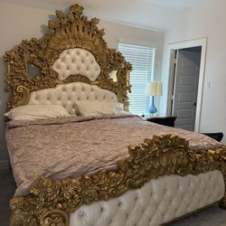 Gold /white Mahogany Wood Bed frame With Mattress 