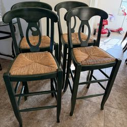 Set of 4 Pottery Barn Bar-Height Chairs – Solid Wood & Rush Seats