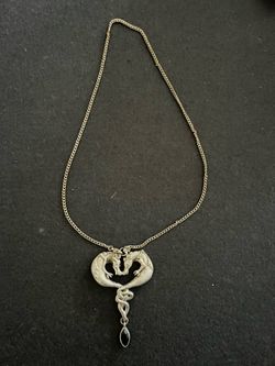 Fantasy Dragon Pendant Necklace Gothic Medieval Renaissance Faire Silver Tone Black Stone