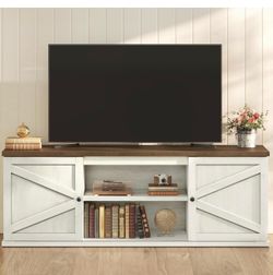 Tv stand  Farmhouse TV Stand for TVs up to 80 Inches, Entertainment Center with Storage Cabinets and Sliding Barn Doors, Media Console Table for Livin