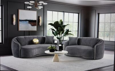 2 Piece Velvet Upholstered Sofa Set Dark Gray Color ! Brand New !
