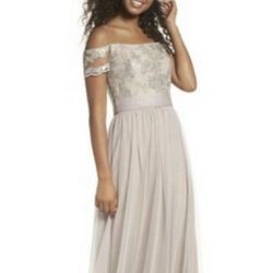 NEW AMSALE IRELAND ILLUSION EMBELLISHED SHOULDER GOWN DRESS IN LATTE SIZE 10