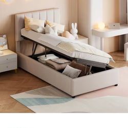 Beige Wood Frame Twin Size Linen Upholstered Platform Bed with Hydraulic Storage System