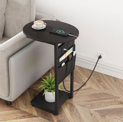 Black  C Shaped End Table with Charging Station, Small Couch Side Tables w/Metal Frame - Retail $40