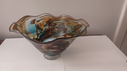 American Studio Art Glass Forge Wave Bowl Amber Turquoise Brown Pedestal 11 x 6"