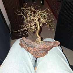Copper Bonzai Tree Set On Petrified Wood