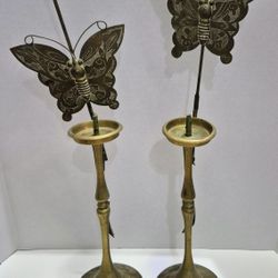 Vintage Pair of Korean Chosen Brass Candlestick Stands w/ Butterfly Reflectors