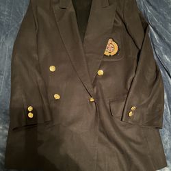 Vintage Rafaella Double Breasted Blazer/Jacket/Coat Crest 100% Linen Lined Black w/Gold Buttons, 12