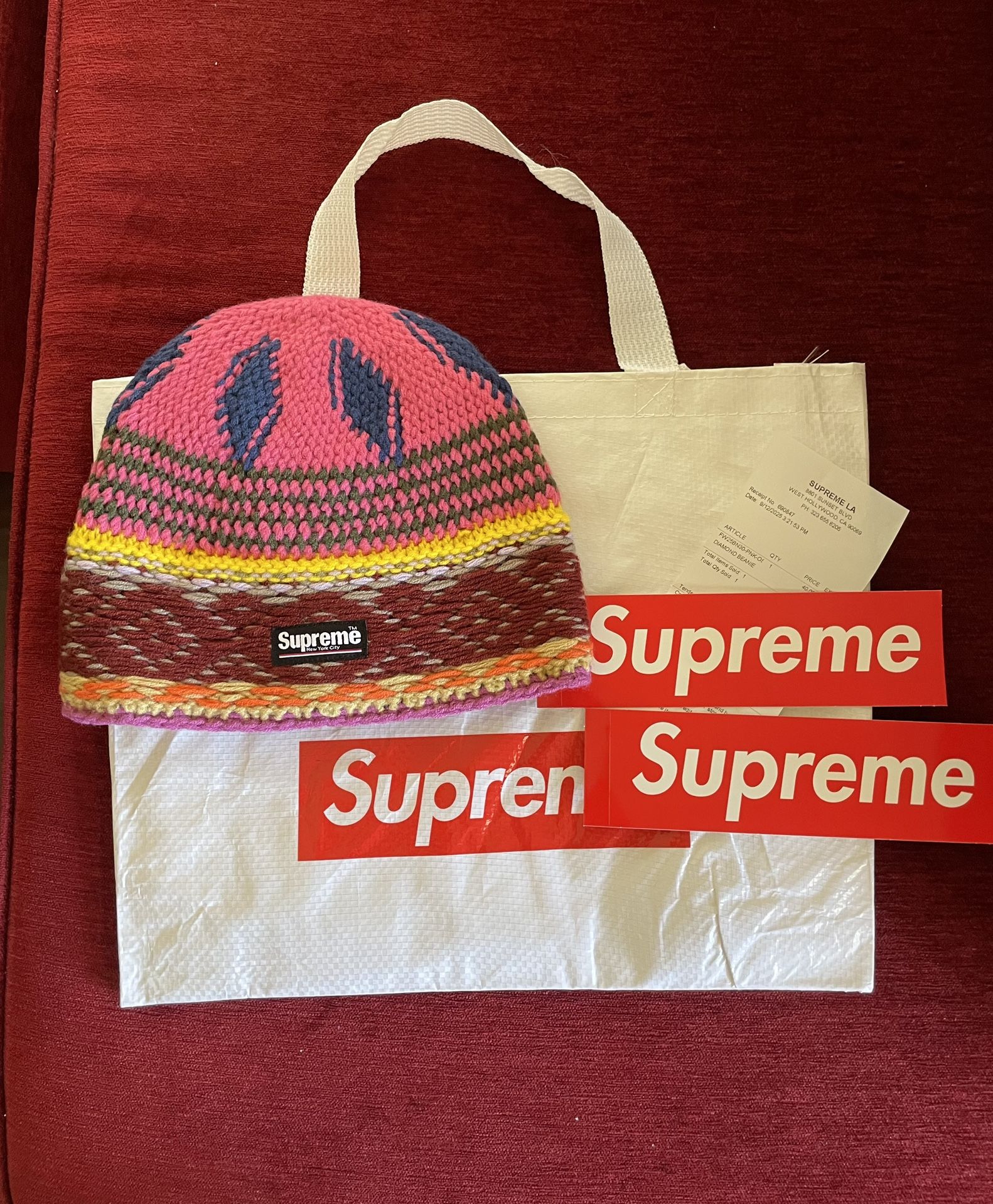 Supreme FW25 Acrylic Diamond Woven Logo Label Beanie Pink One Size New CONFIRMED