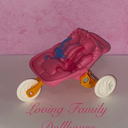 Fisher Price Loving Family Dollhouse Pink Jogger Twin Baby Doll Pram Stroller