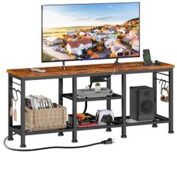 Furologee TV Stand with Power Outlets, Entertainment Center with Open Storage Shelves for TVs up to 55 Inch, TV Media Console Table with Soundbar Shel