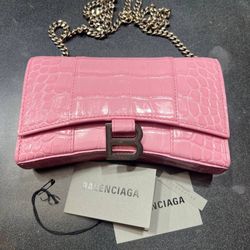 Balenciaga Hourglass Croc Embossed Candy Pink Leather Chain Wallet Bag