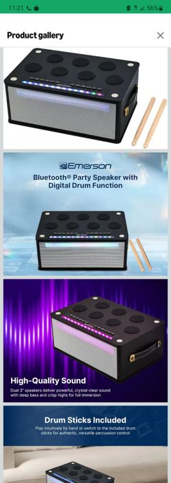 3 units of Emerson EDS-1000 Bluetooth Party Speaker with Digital Drum Pads, LED Lights, Dual Speakers, USB/AUX/Mic Inputs, & Rechargeable Battery