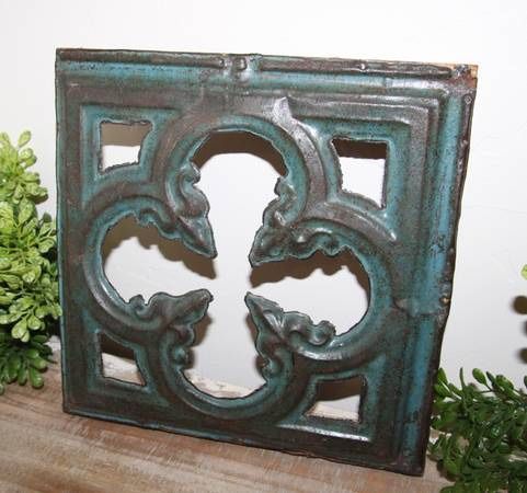 Ornate Turquoise Teal Filigree Cut Out Vintage Metal Tile Farmhouse Wall Decor
