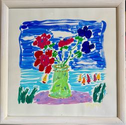 Signed Framed Floral Painting with Sailboats