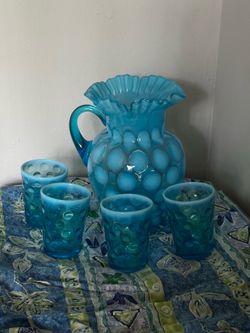 Retro vintage glass pitcher with matching glass cups